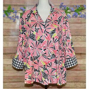 Foxcroft Colorful Button Up Contrast Cuff Blouse Top Plus Size 20W Cotton V-Neck